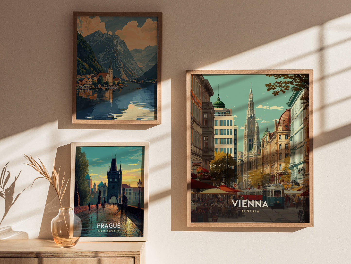 Vibrant Vienna cityscape poster featuring a historic tower, bustling cafes, and a passing tram in warm earthy tones.