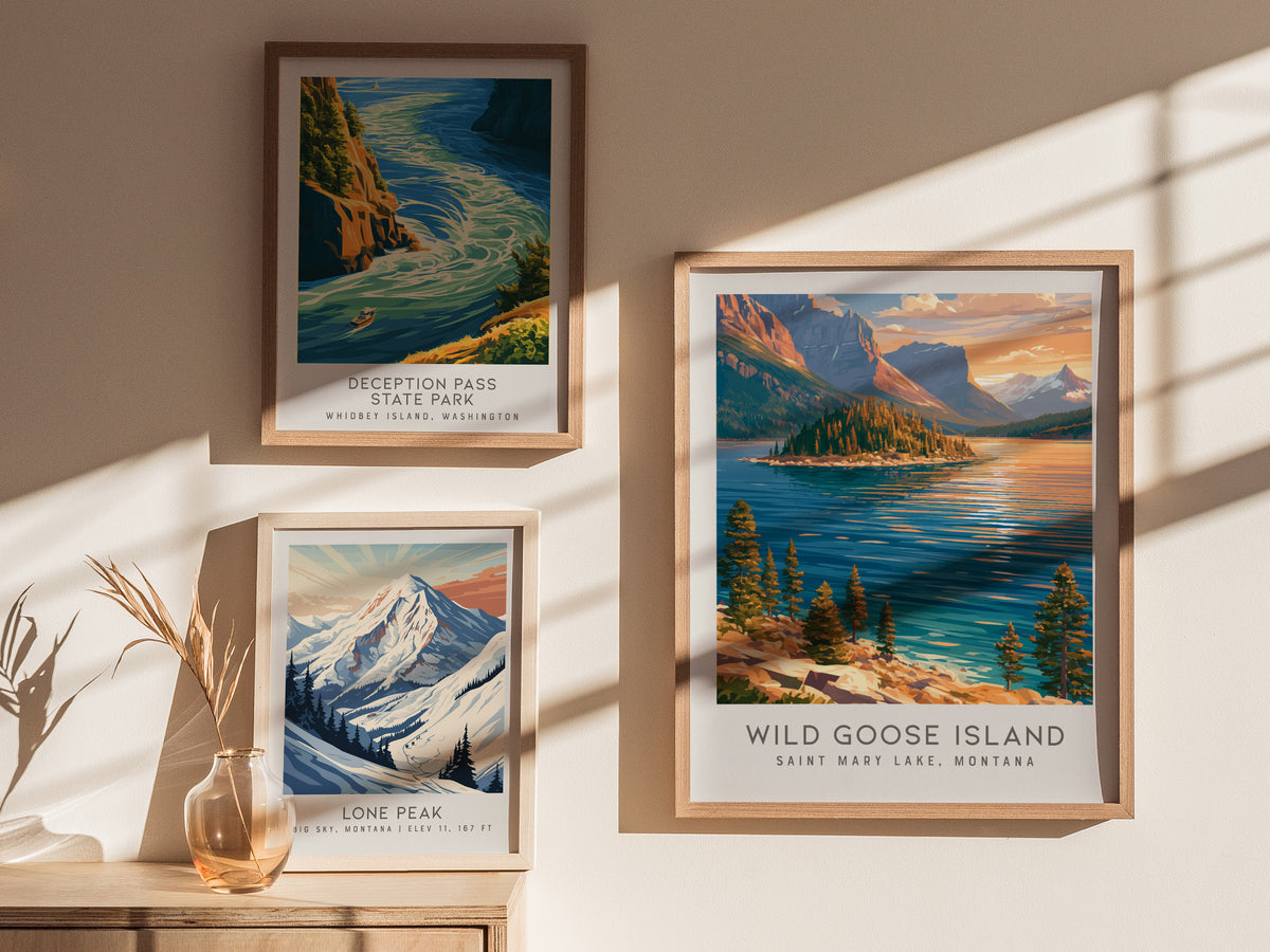 Wild Goose Island Matte Border Poster | Saint Mary Lake, Montana Travel Wall Art — styled in a modern interior