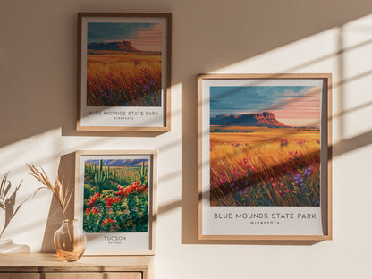 Blue Mounds State Park Matte Border Poster | Minnesota Destination Print & Vacation Wall Art — styled in a modern interior
