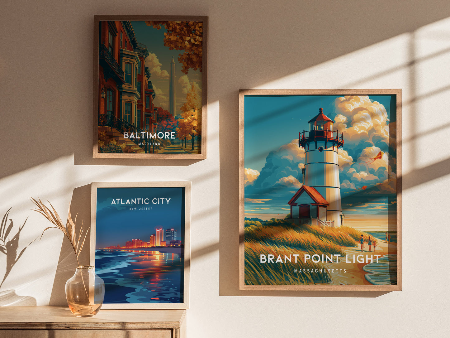 Brant Point Light, Massachusetts Poster | Nantucket Lighthouse & Harbor Wall Art — styled in a modern interior