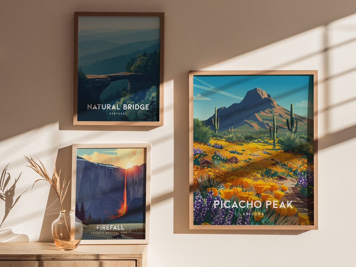 Picacho Peak, Arizona Poster | Desert Wildflower Destination Print Wall Art — styled in a modern interior