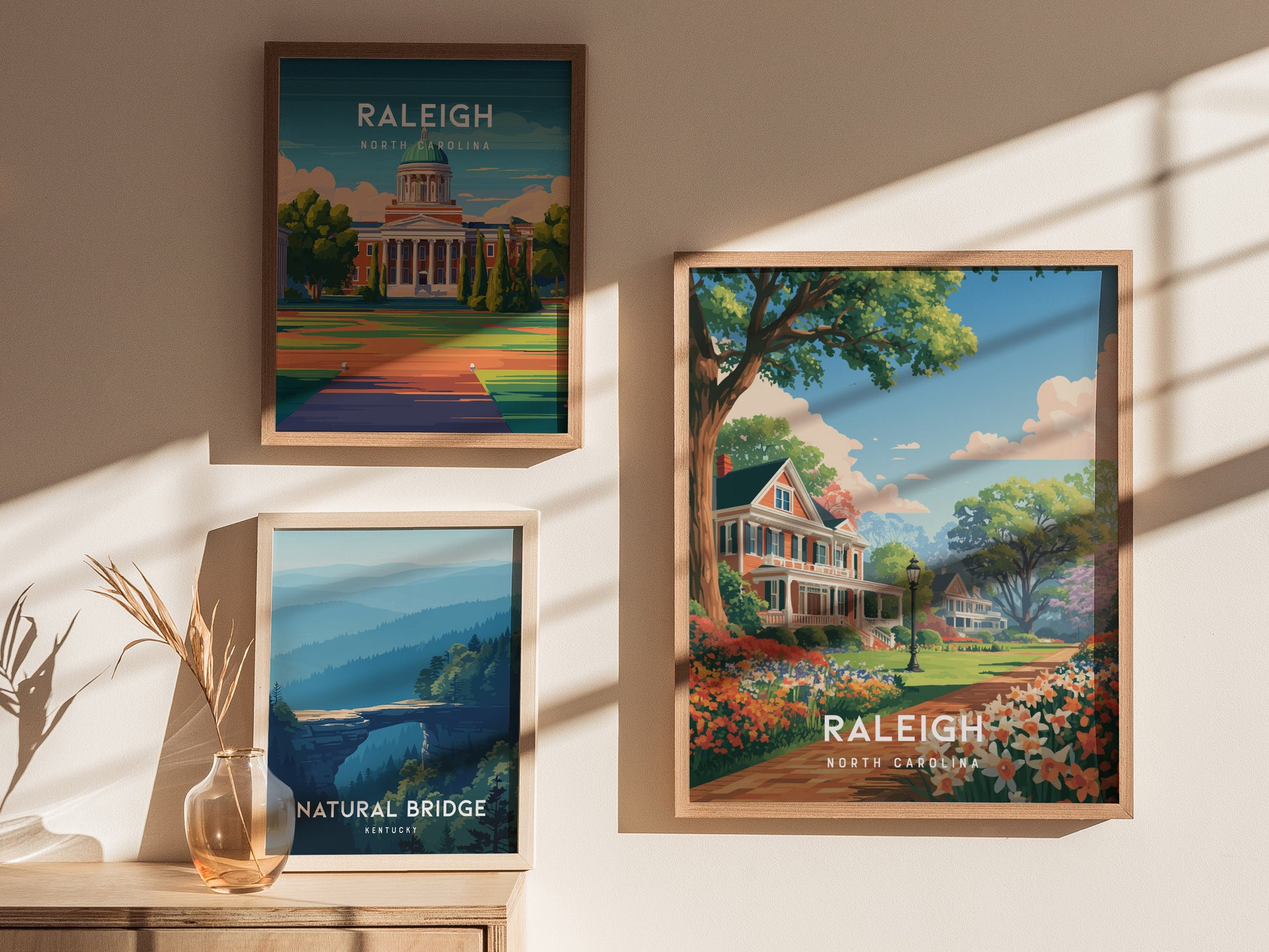 Raleigh, North Carolina Poster | Oak City Skyline Destination Print Wall Art — styled in a modern interior