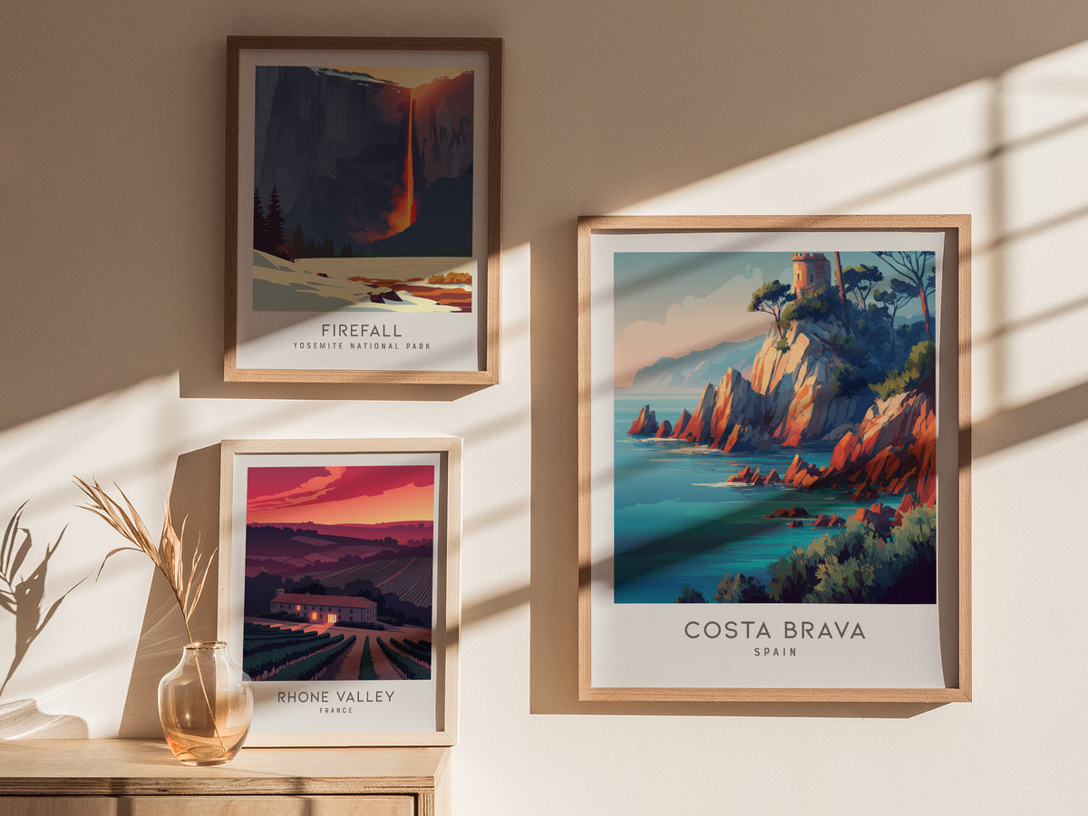 Costa Brava Matte Border Poster | Spain Coastal Beach Decor Travel Wall Art — styled in a modern interior