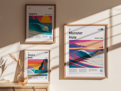 Monster Hole, Florida Poster | Barrel Wave & Tropical Surf Wall Art — styled in a modern interior