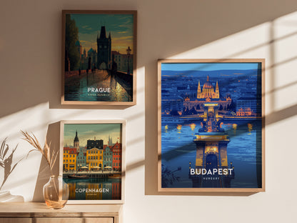 Budapest Chain Bridge Poster | Hungary Travel Print Wall Art | Framed or Unframed