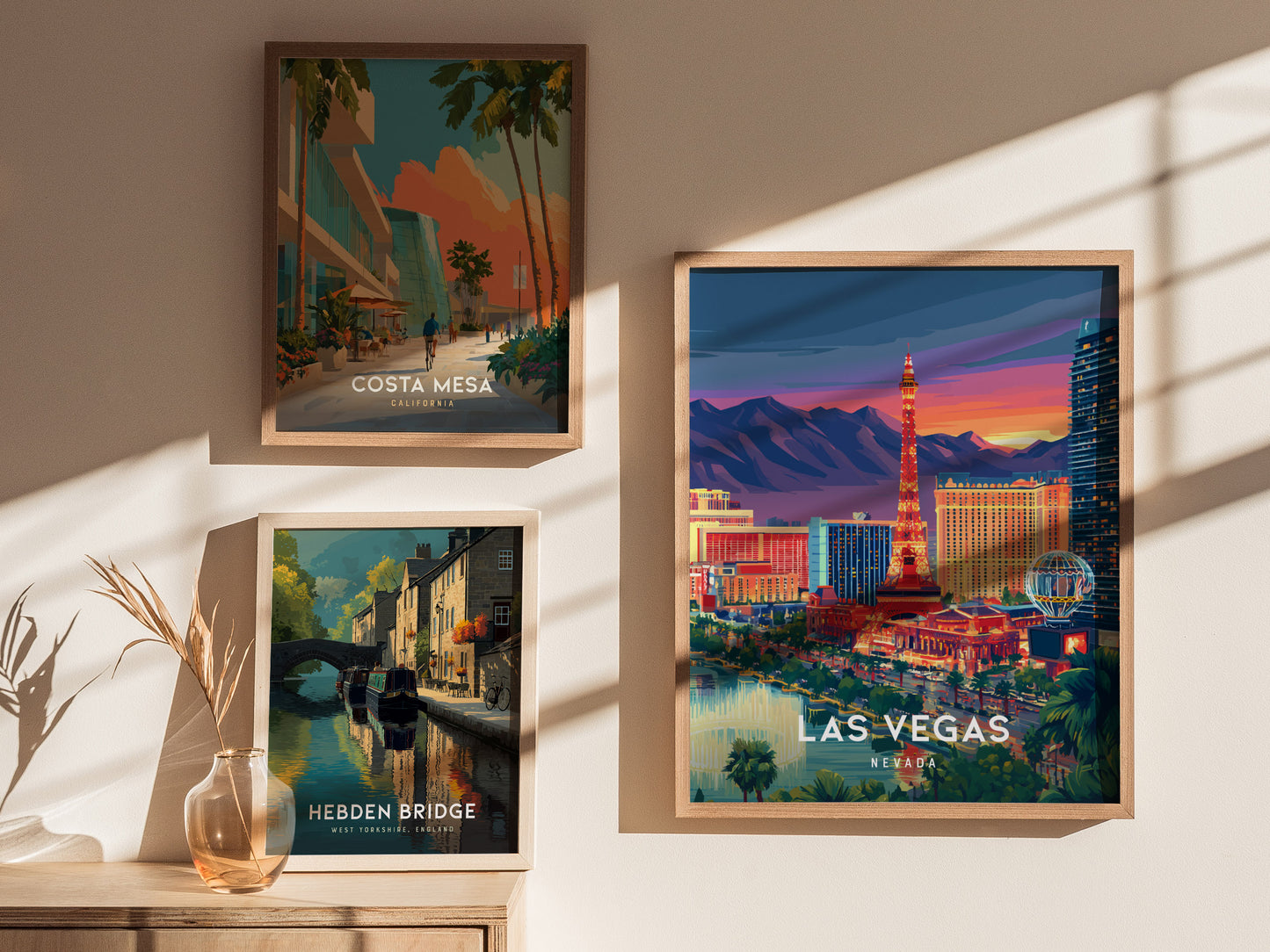 Las Vegas, Nevada Poster | Neon Lights & Desert Skyline Wall Art — styled in a modern interior