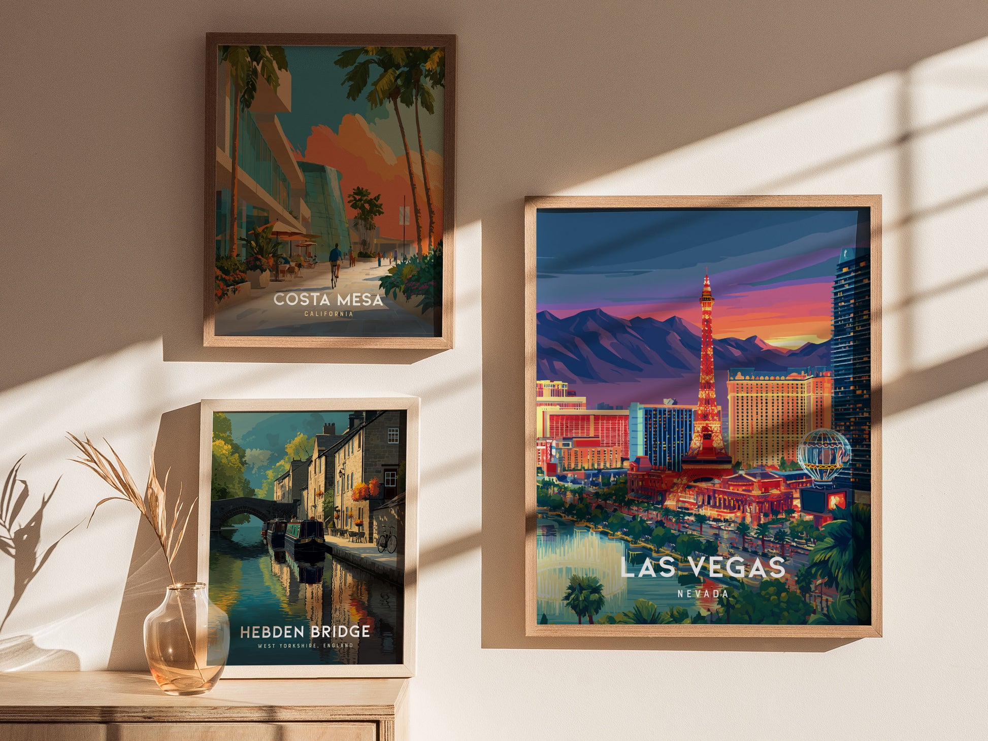 Las Vegas, Nevada Poster | Neon Lights & Desert Skyline Wall Art — styled in a modern interior