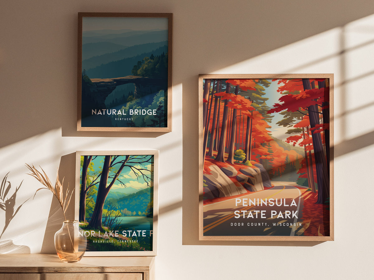 Peninsula State Park, Door County, Wisconsin Poster | Bluffs & Birch Forest Travel Wall Art — styled in a modern interior