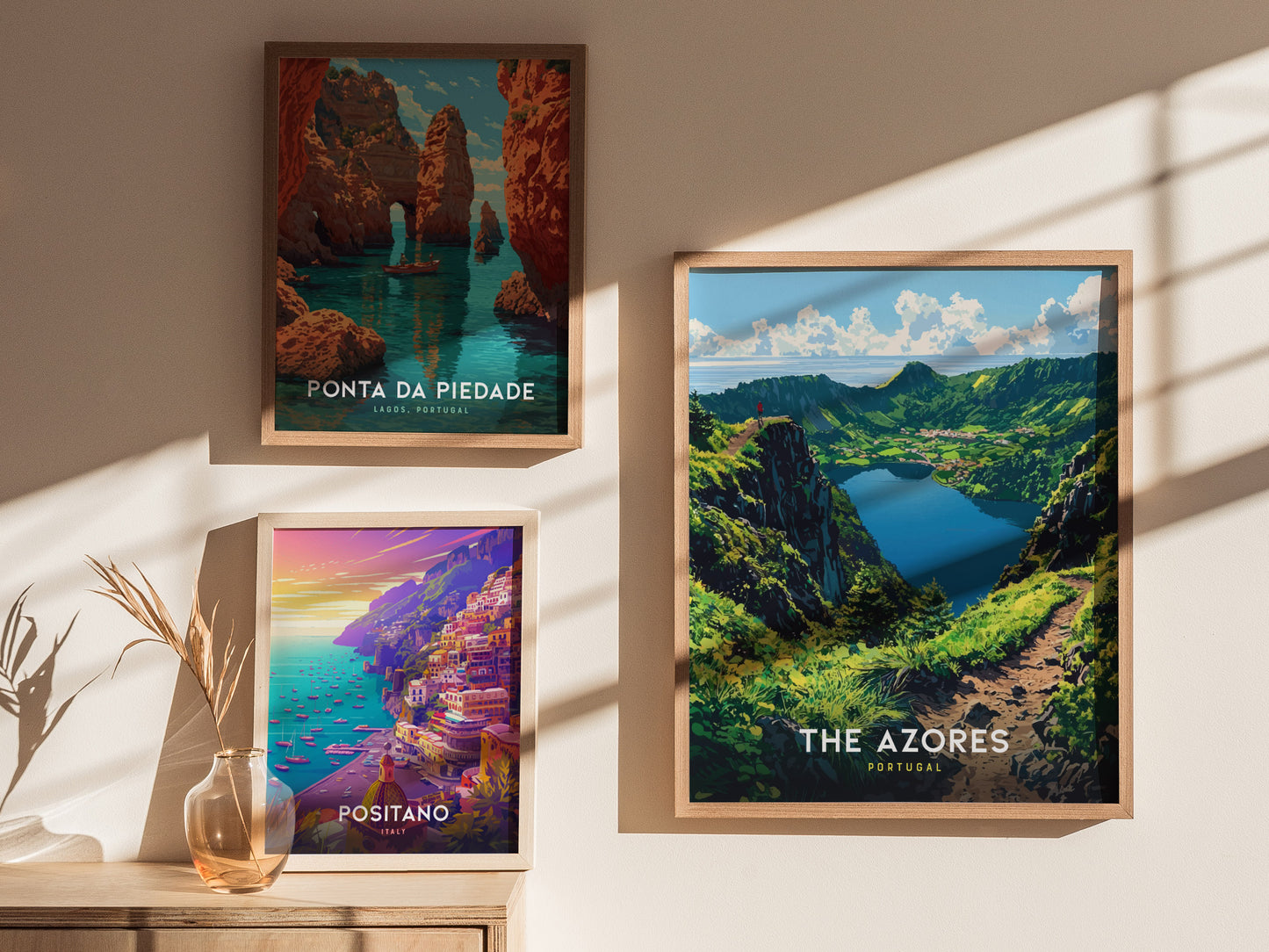 Portugal travel print featuring panoramic view of Sete Cidades volcanic lake.