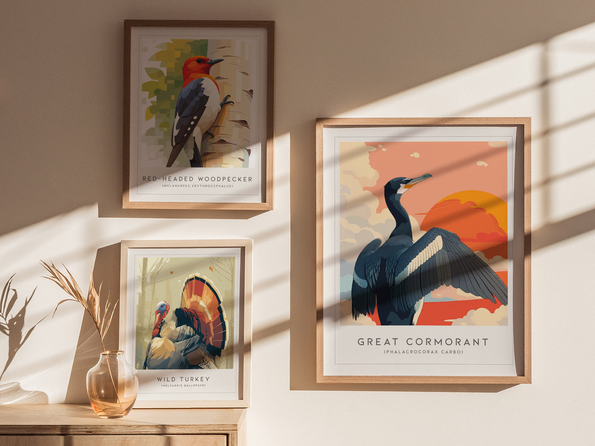 Great Cormorant, Phalacrocorax carbo Poster | Elegant Coastal Bird Wall Art — styled in a modern interior