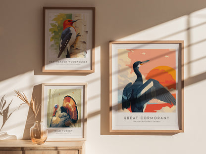 Great Cormorant, Phalacrocorax carbo Poster | Elegant Coastal Bird Wall Art — styled in a modern interior