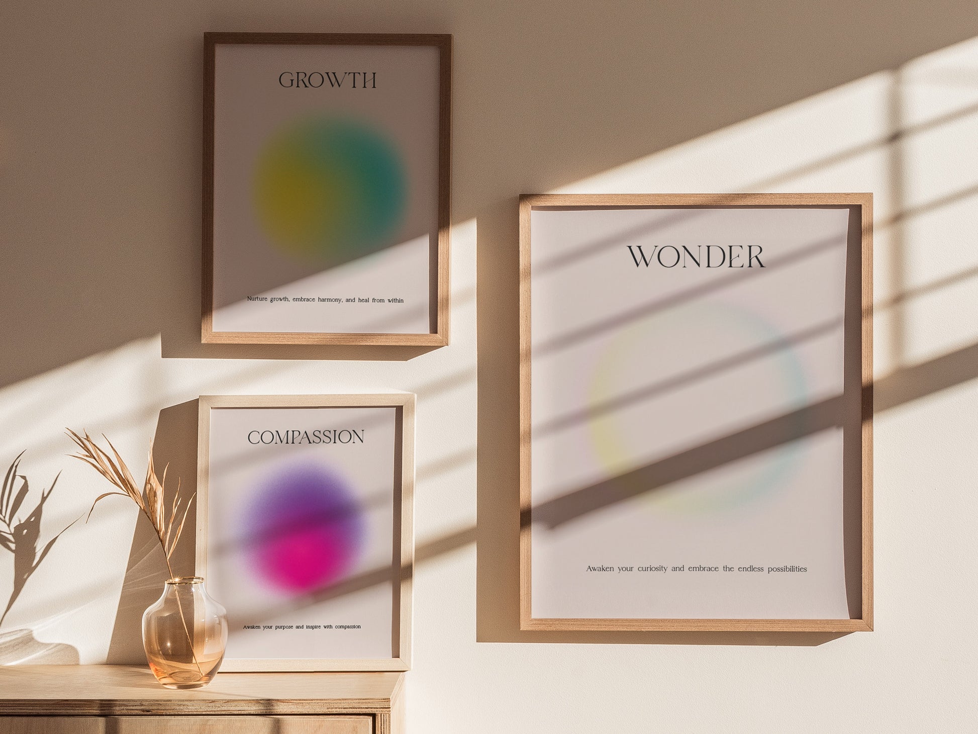 Minimalist framed print "WONDER" featuring a pastel gradient circle on beige, perfect for travel art enthusiasts.