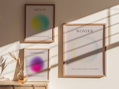 Minimalist framed print "WONDER" featuring a pastel gradient circle on beige, perfect for travel art enthusiasts.