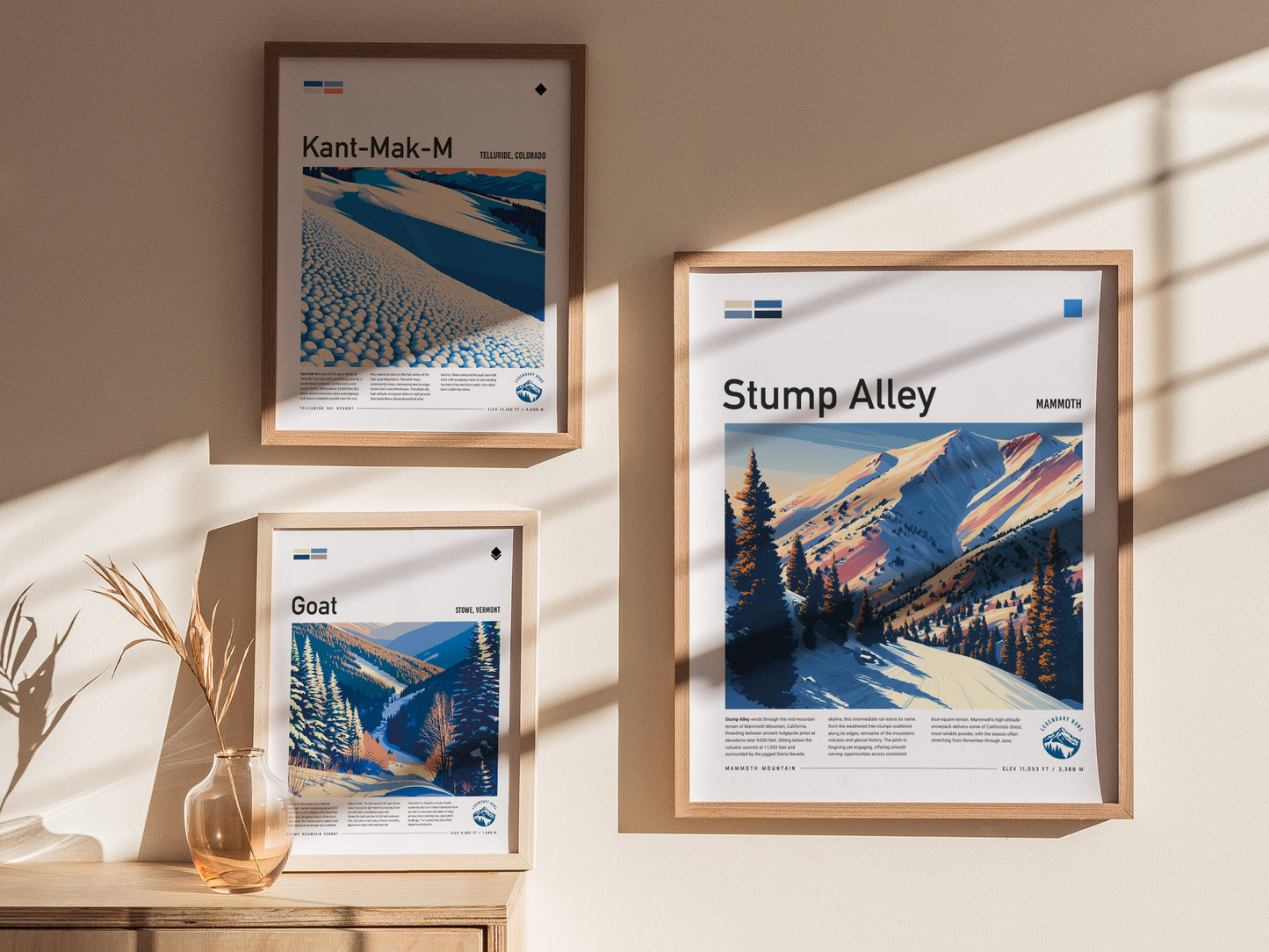 Stump Alley, Mammoth Poster | Bold Ski Run Mountain Wall Art — styled in a modern interior