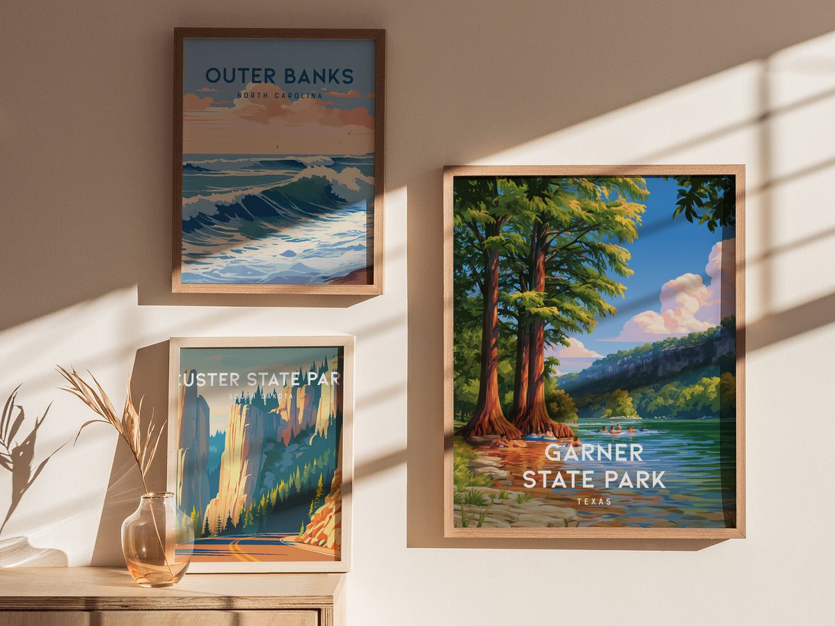 Garner State Park, Texas Poster | Hill Country River Destination Print Wall Art — styled in a modern interior