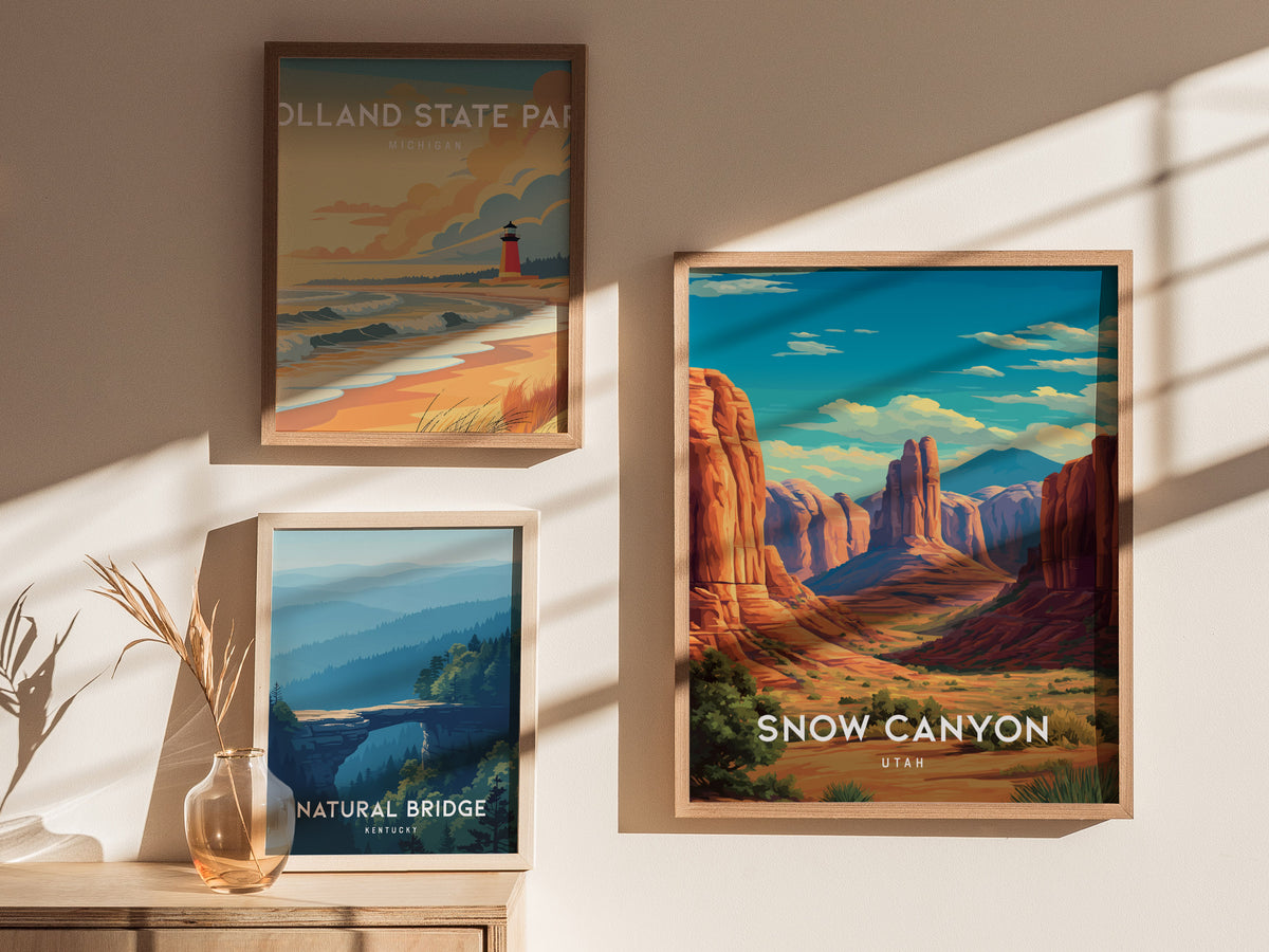 Snow Canyon, Utah Poster | Red Rock Desert Destination Print Wall Art — styled in a modern interior