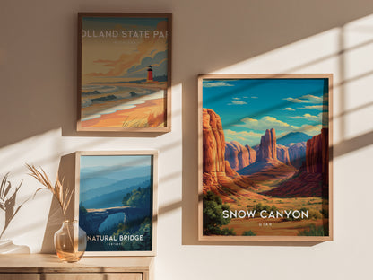 Snow Canyon, Utah Poster | Red Rock Desert Destination Print Wall Art — styled in a modern interior
