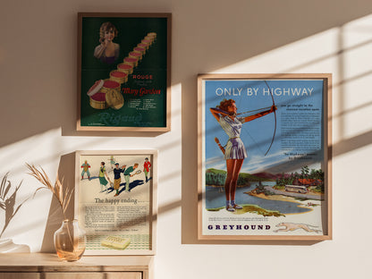 Vintage Greyhound Bus Travel Poster – Retro Highway Ad Print, 1900s Americana Art, Available Framed/Unframed, Mid-Century Wall Decor