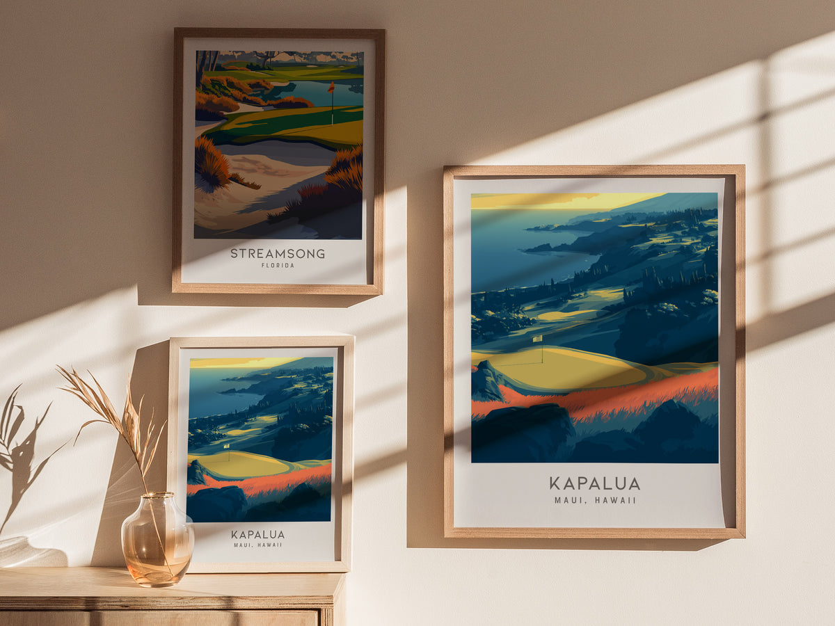 Kapalua Matte Border Poster | Maui, Hawaii Golf Course Print Travel Wall Art — styled in a modern interior