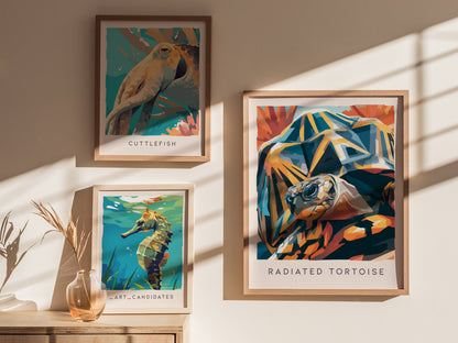 Radiated Tortoise Poster | Exotic Wildlife Portrait Fine Wall Art — styled in a modern interior