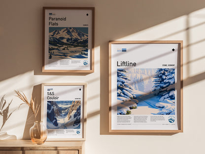 Liftline, Stowe, Vermont Poster | Alpine Print Ski Lodge Decor Wall Art — styled in a modern interior