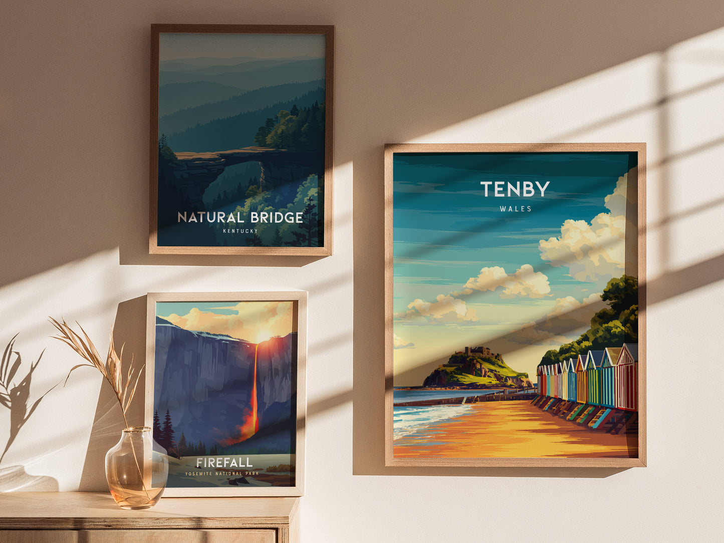 Tenby, Wales Poster | Pastel Harbour & Coastal Cliffs Wall Art — styled in a modern interior