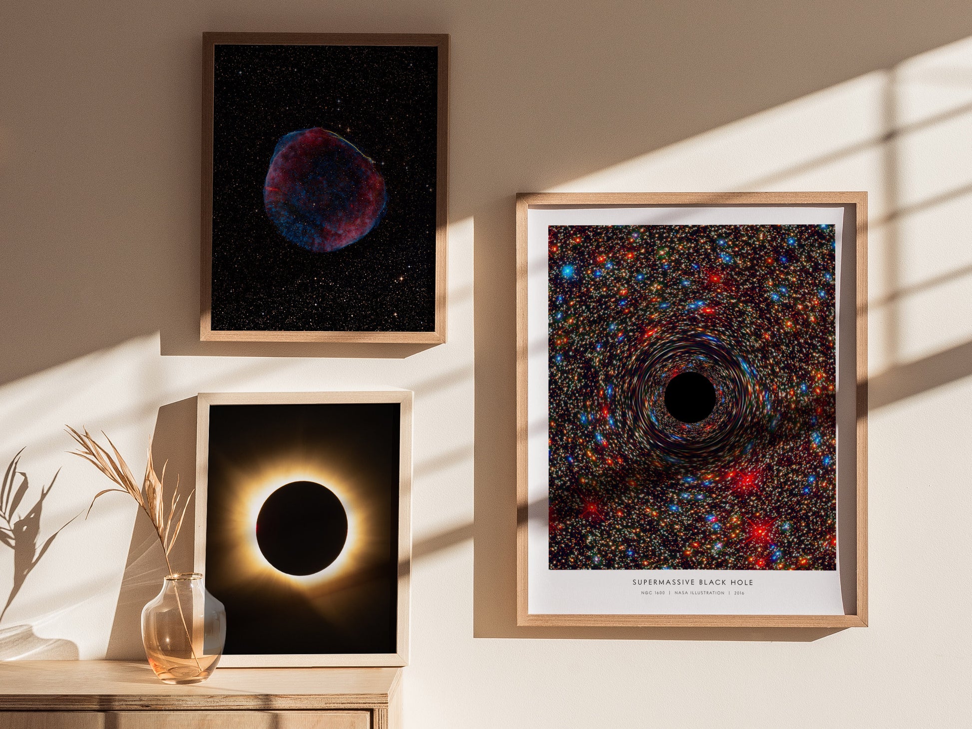 Supermassive Black Hole Poster | NASA NGC 1600 Space Photography Wall Art — styled in a modern interior