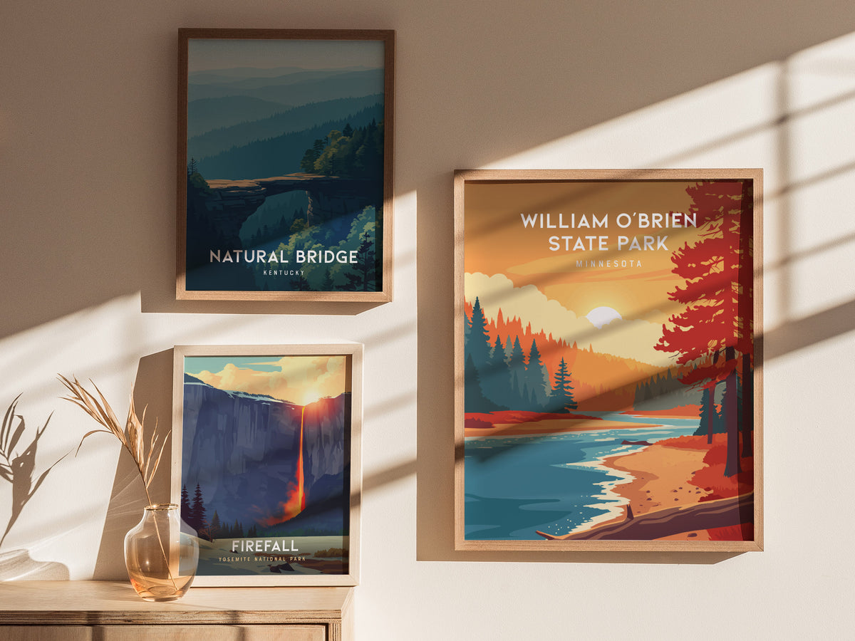 William O'Brien State Park, Minnesota Poster | Riverside Forest Wilderness Destination Print Wall Art — styled in a modern in