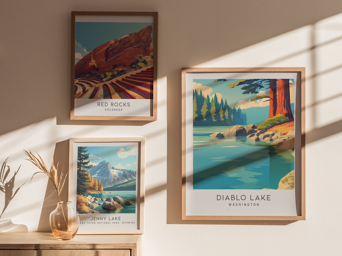 Diablo Lake Matte Border Poster | Washington Travel Wall Art — styled in a modern interior