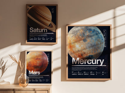 Three framed planet posters—Saturn, Mars, and Mercury—are displayed on a sunlit wall. A small vase with dried plants sits on a wooden table beneath them.
