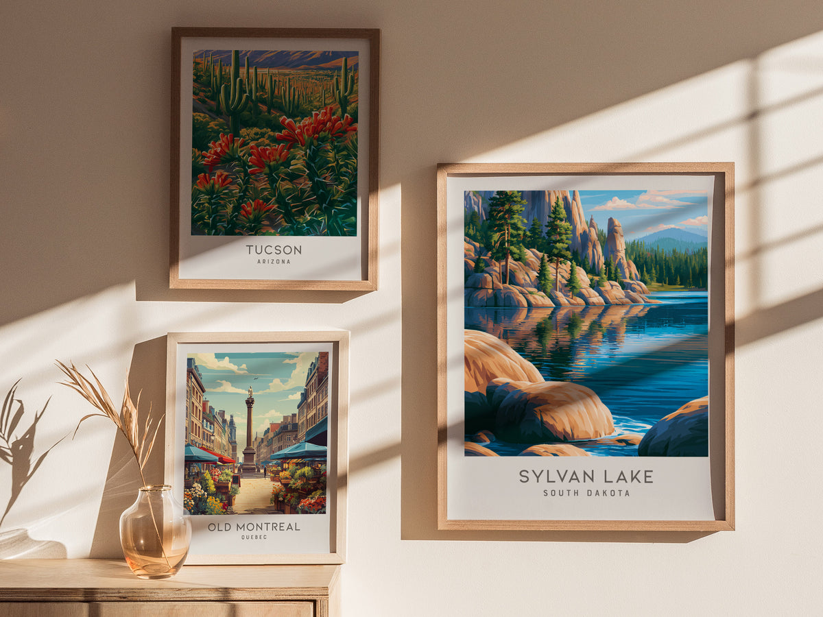 Sylvan Lake Matte Border Poster | South Dakota Destination Print Travel Wall Art — styled in a modern interior
