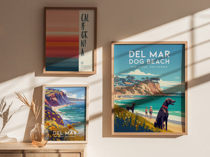 Framed wall art is displayed, featuring a Del Mar Dog Beach poster with vibrant coastal scenery, a California-themed poster with colorful stripes, and a beach cliff illustration.