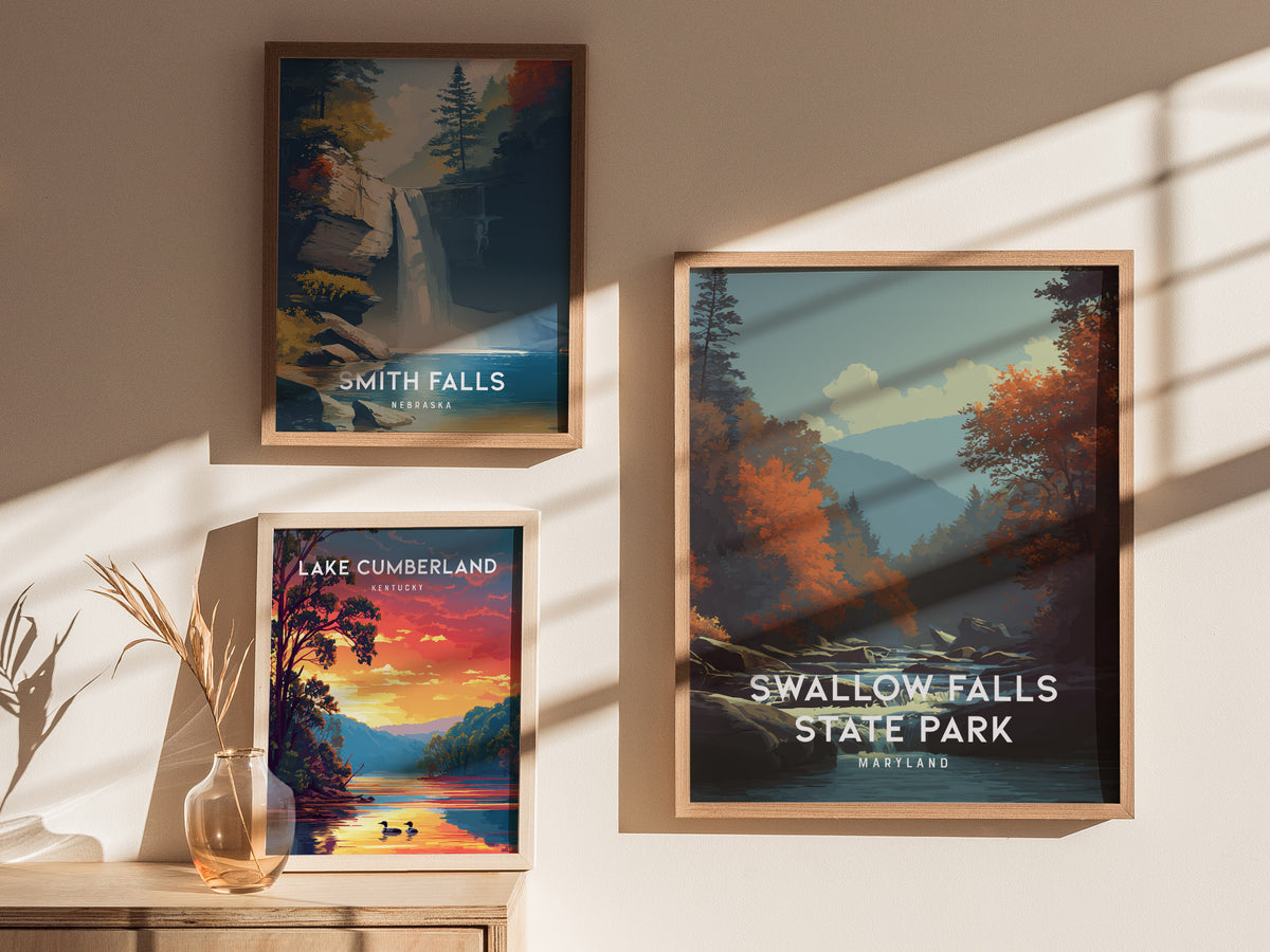 Swallow Falls State Park, Maryland Poster | Waterfall Forest Destination Print Wall Art — styled in a modern interior