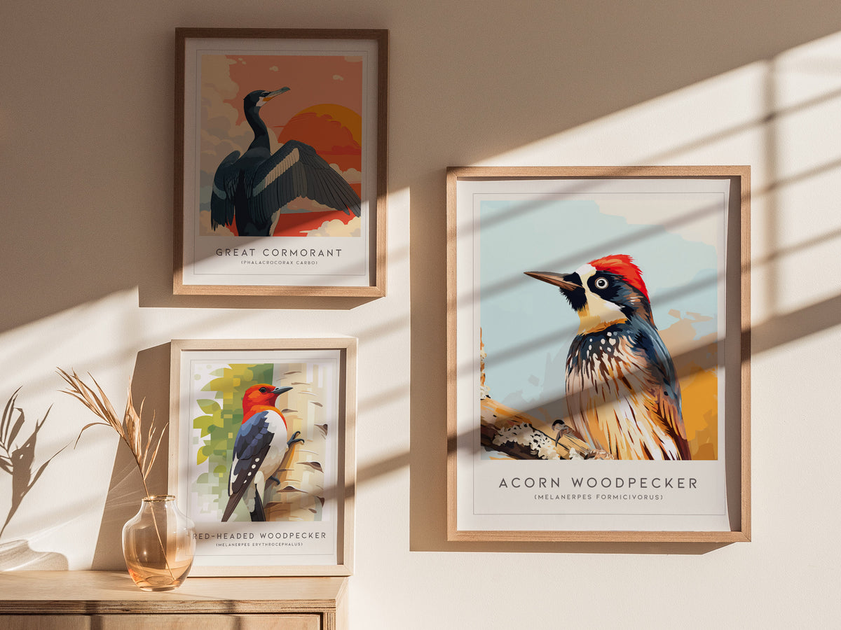 Acorn Woodpecker, Melanerpes formicivorus Poster | Bold Bird Wall Art Nature Print — styled in a modern interior