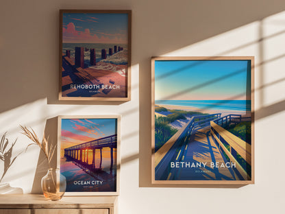 Three framed beach posters are displayed on a wall, featuring Rehoboth Beach, Bethany Beach, and Ocean City. Sunlight casts diagonal shadows, adding warmth to the scene.