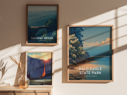 Bald Eagle State Park, Pennsylvania Poster | Eagle Soaring Over Mountain Lake Wall Art — styled in a modern interior