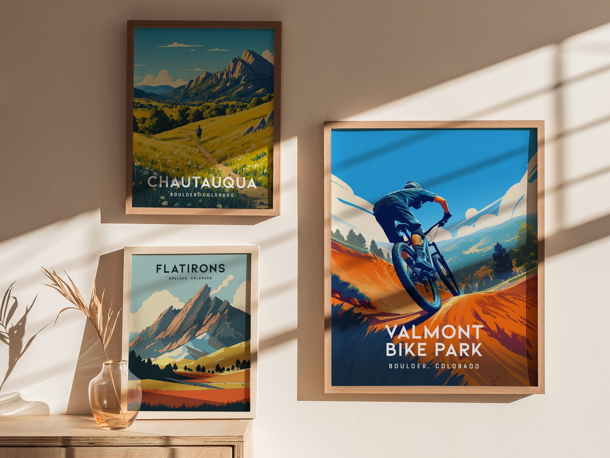 Three framed posters on a wall: Valmont Bike Park with a mountain biker, Chautauqua with a hiker in a field, and Flatirons depicting mountains. Sunlight casts shadows across them.