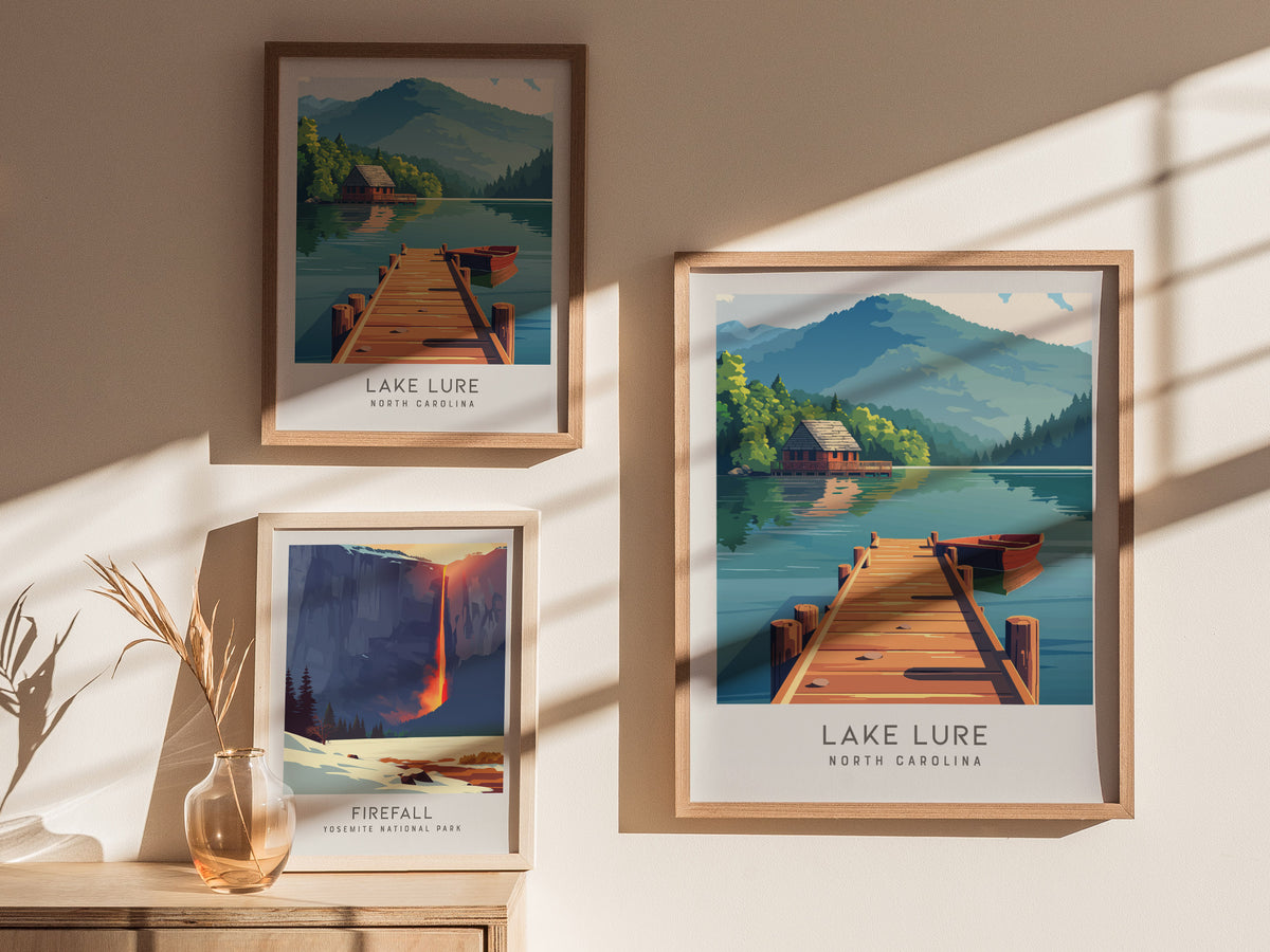 Lake Lure Matte Border Poster | North Carolina Vacation Wall Art — styled in a modern interior