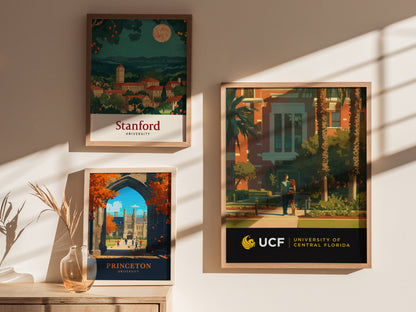 Framed posters of Stanford, Princeton, and University of Central Florida are displayed on a sunlit wall. A decorative vase with dried plants sits on a wooden surface below.