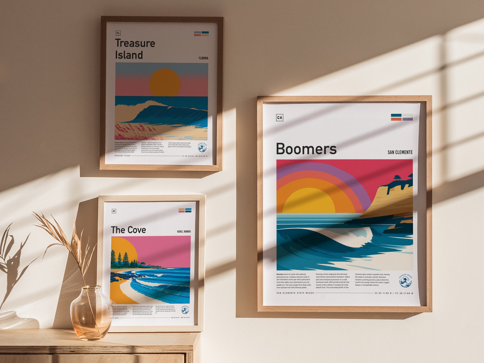 Boomers, California Poster | Golden Surf Break Barrel Wave Wall Art — styled in a modern interior