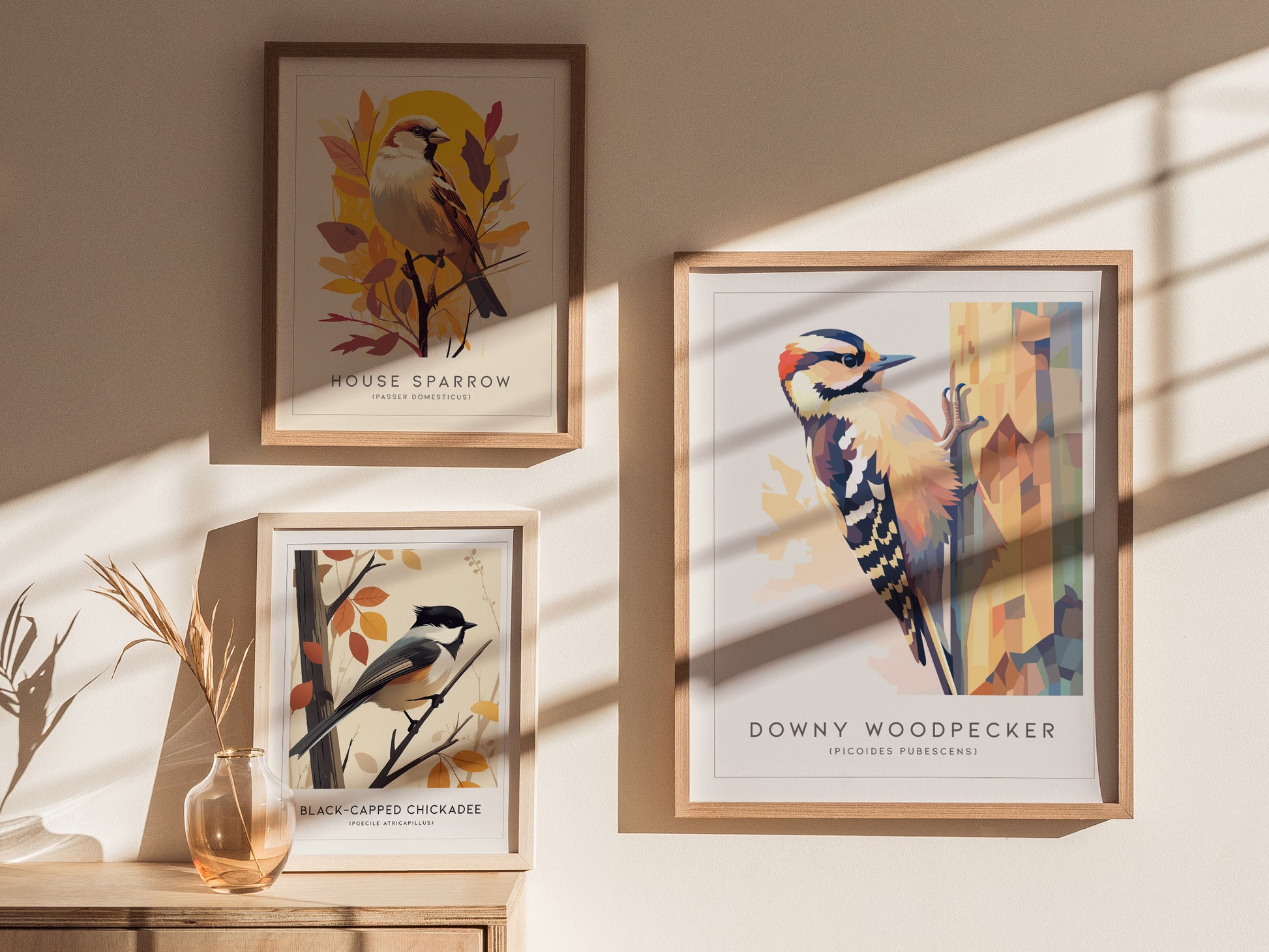 Framed abstract Downy Woodpecker art print featuring geometric shapes and vibrant natural colors, perfect for wildlife art lovers.