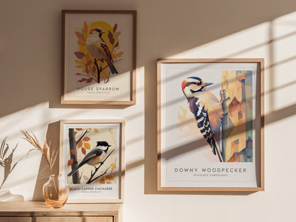 Framed abstract Downy Woodpecker art print featuring geometric shapes and vibrant natural colors, perfect for wildlife art lovers.
