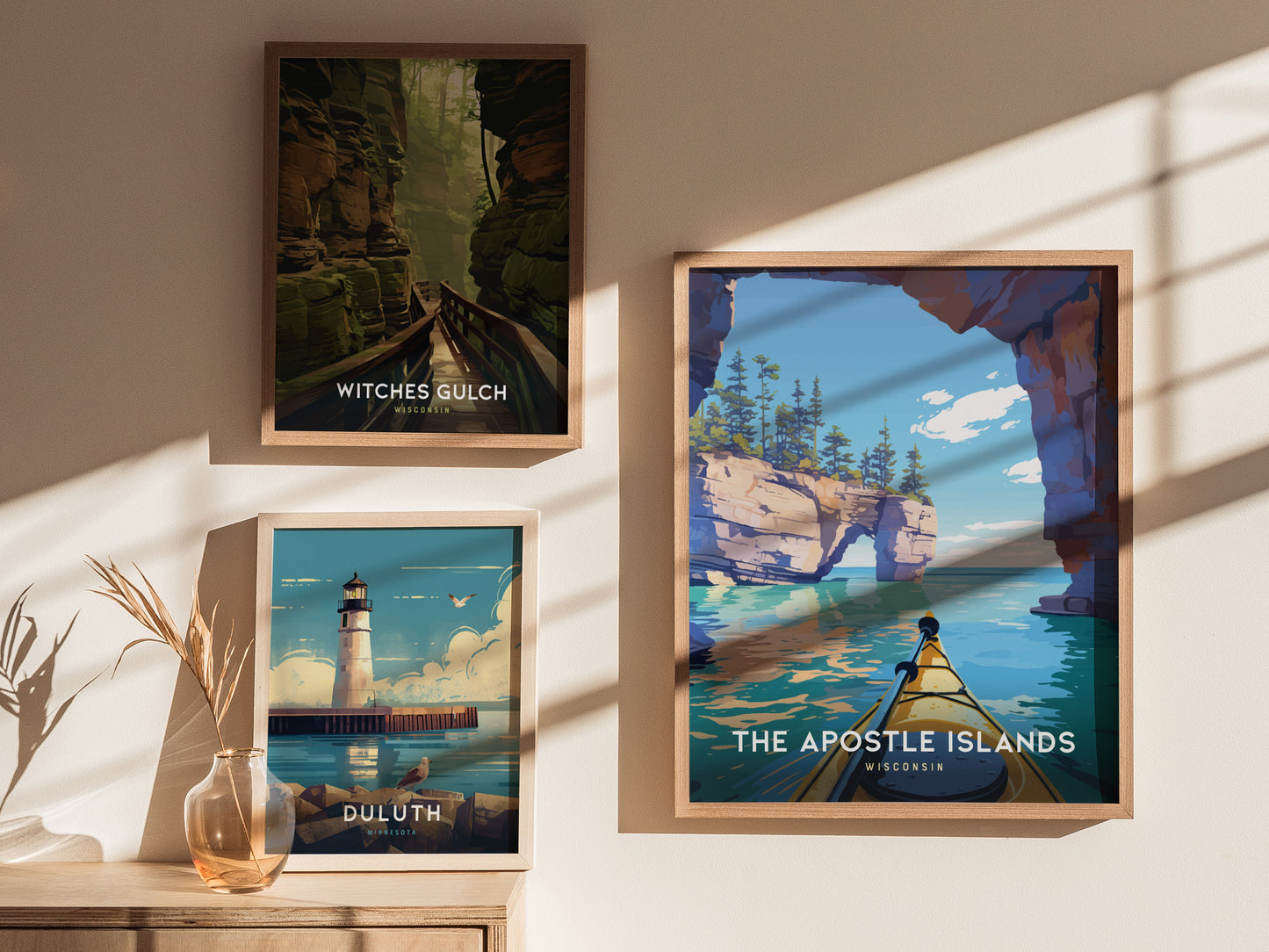 Framed Apostle Islands poster featuring a vibrant kayaking scene with turquoise waters, warm rock formations, and a serene sky.