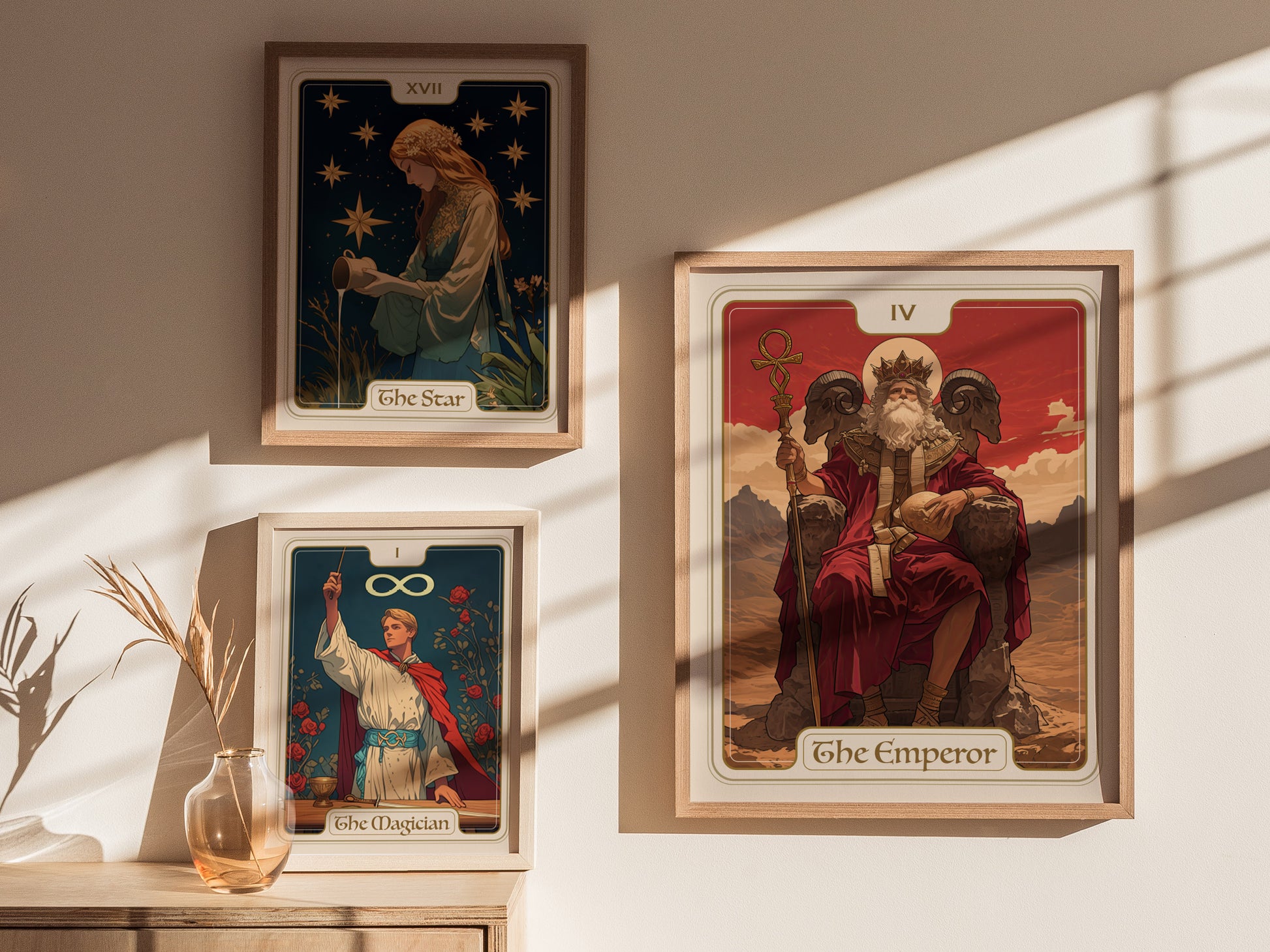 Three framed tarot card illustrations hang on a sunlit wall, featuring The Star, The Magician, and The Emperor, each showcasing detailed artwork and vibrant colors.