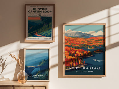 Moosehead Lake, Greenville, Maine Poster | Lakeside Wilderness Retreat Framed or Unframed Wall Art — styled in a modern inter