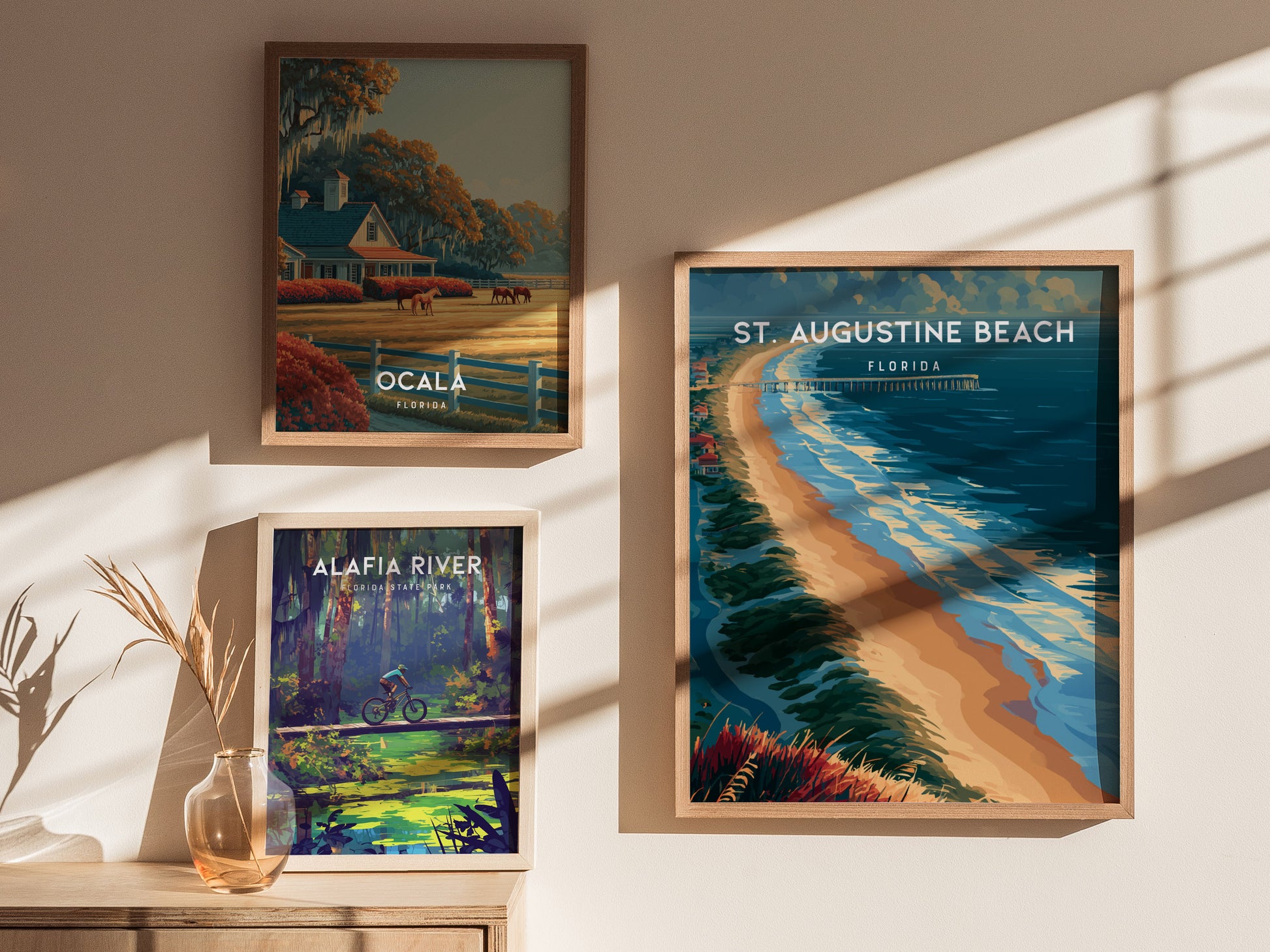 St. Augustine Beach, Florida Poster | Sun-Kissed Shores & Pier Wall Art — styled in a modern interior