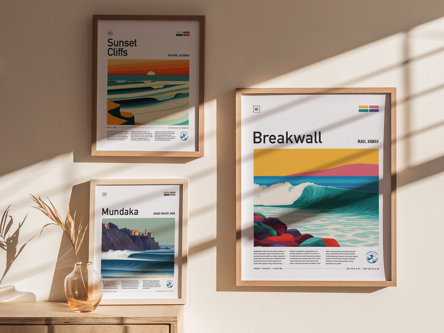 Vibrant Breakwall Maui poster featuring a crashing blue wave over colorful rocks, embodying surf art and coastal decor.