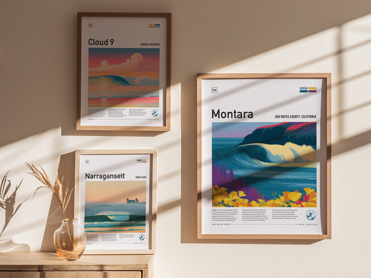 Montara, San Mateo County, California Poster | Misty Cliffs & Surf Break Coastal Poster — styled in a modern interior