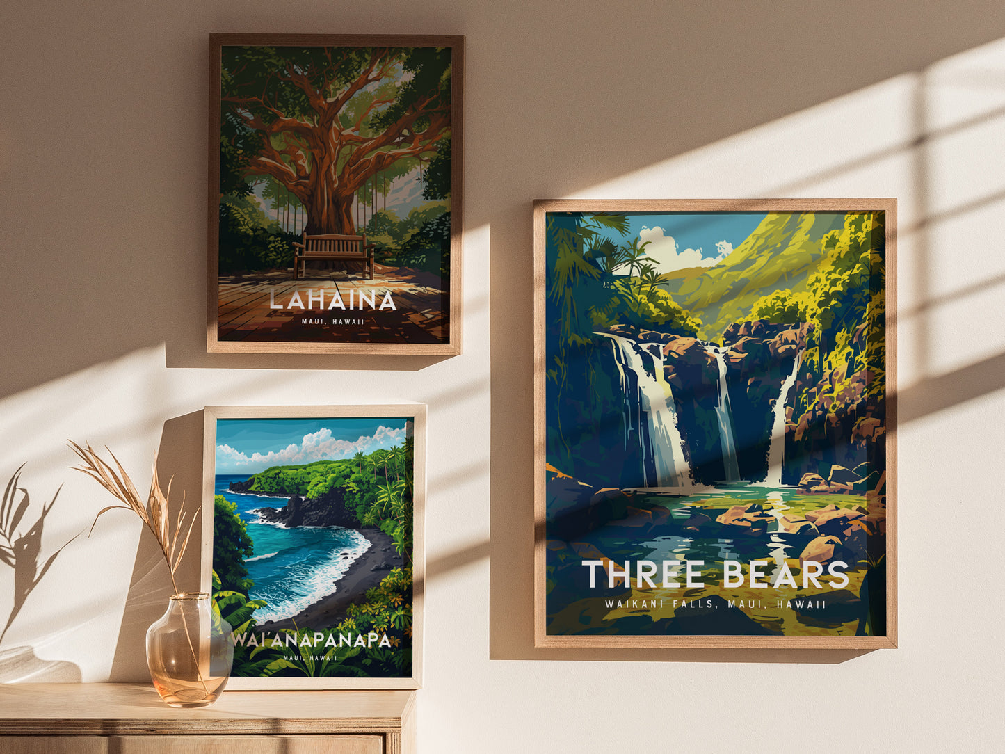 Three Bears Falls Poster | Maui Waterfall Art | Road to Hana Gift