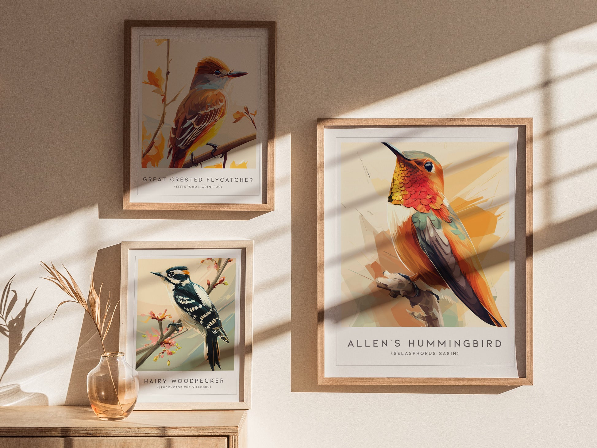 Allen's Hummingbird Poster | Jeweled Garden Pollinator Fine Wall Art — styled in a modern interior